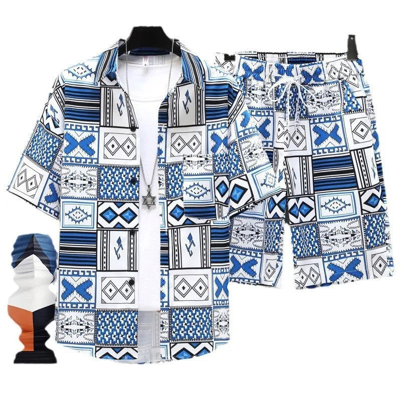 Men's casual sports two-piece set with short sleeve top and matching shorts in polyester fabric