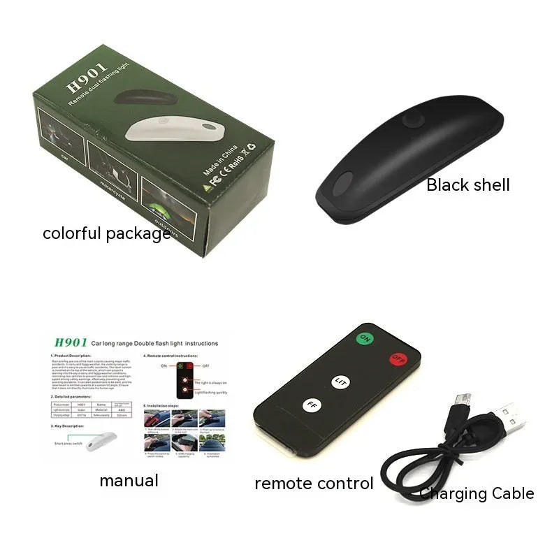 Black remote-controlled car strobe light with charging cable on a white background.