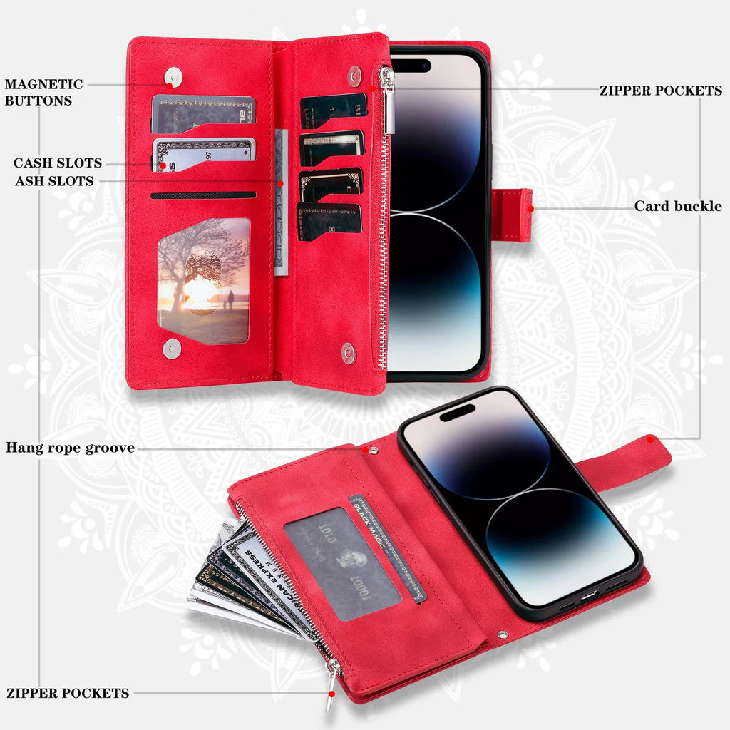 Multi-card embossed totem PU leather zipper bag phone case for iPhone, flip style, black, with card slots and zipper compartment.