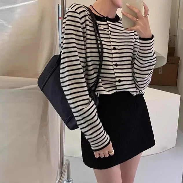Women's dark grey and white striped cardigan sweater with French style pattern, slim fit 40cm length