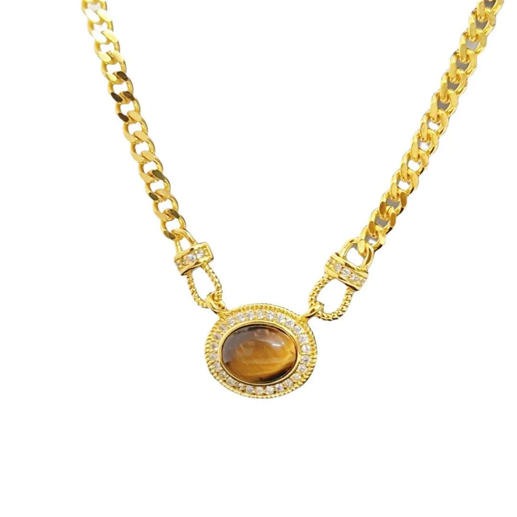 Women's geometric lapis lazuli pendant necklace on copper Cuban chain, collarbone length