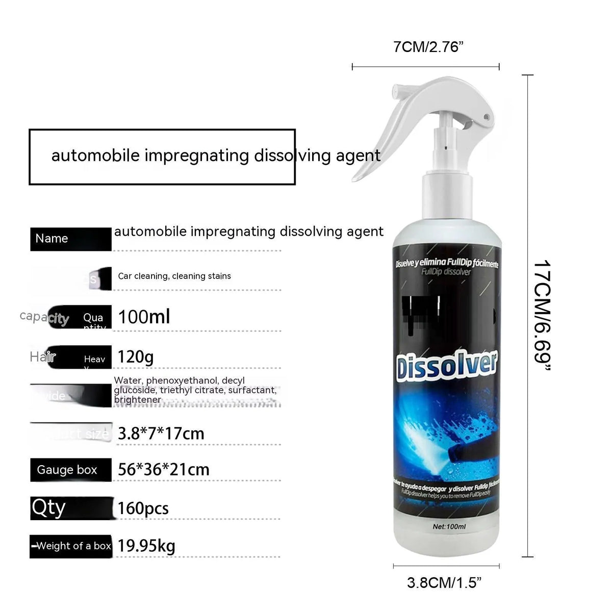 100ml bottle of car foam cleaning agent for interior seat stain removal and paint polishing.
