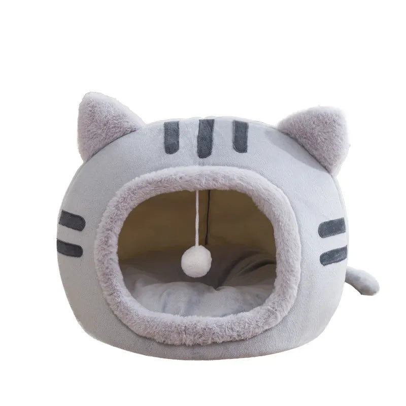 Semi-enclosed cat litter in crystal velvet and PP cotton, warm pet bed in pink, grey, or coffee, sizes S M L