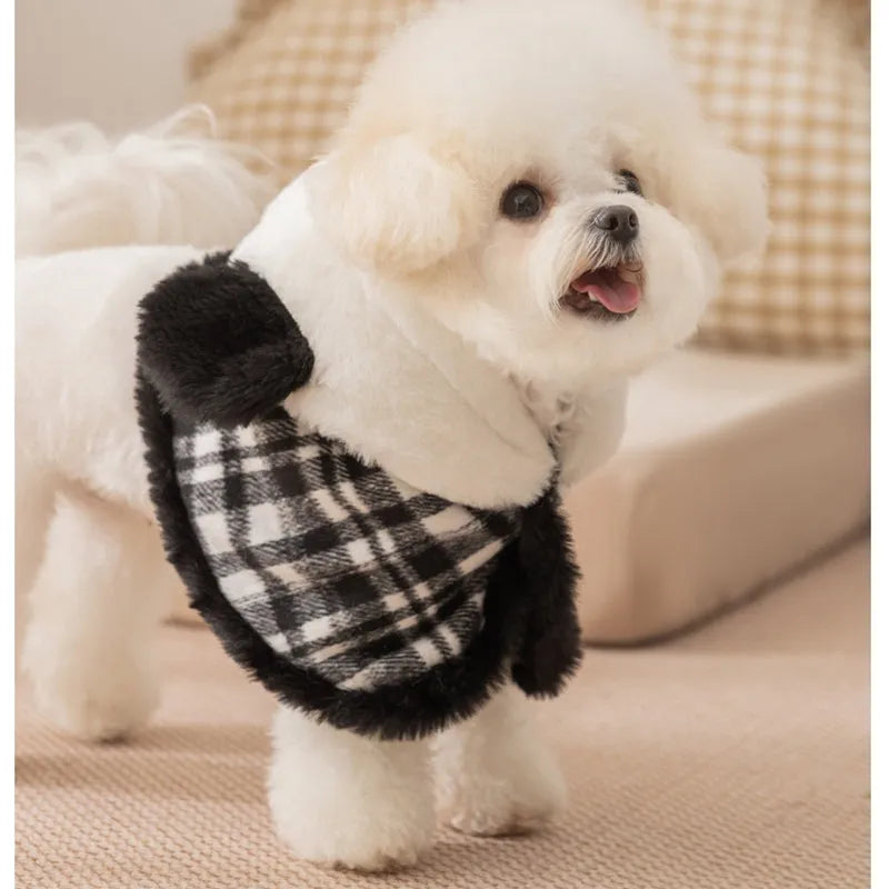 Two-piece pet winter outfit with vintage plaid hooded cape, matching dress, faux rabbit fur trim and velvet bow in Black or Brown