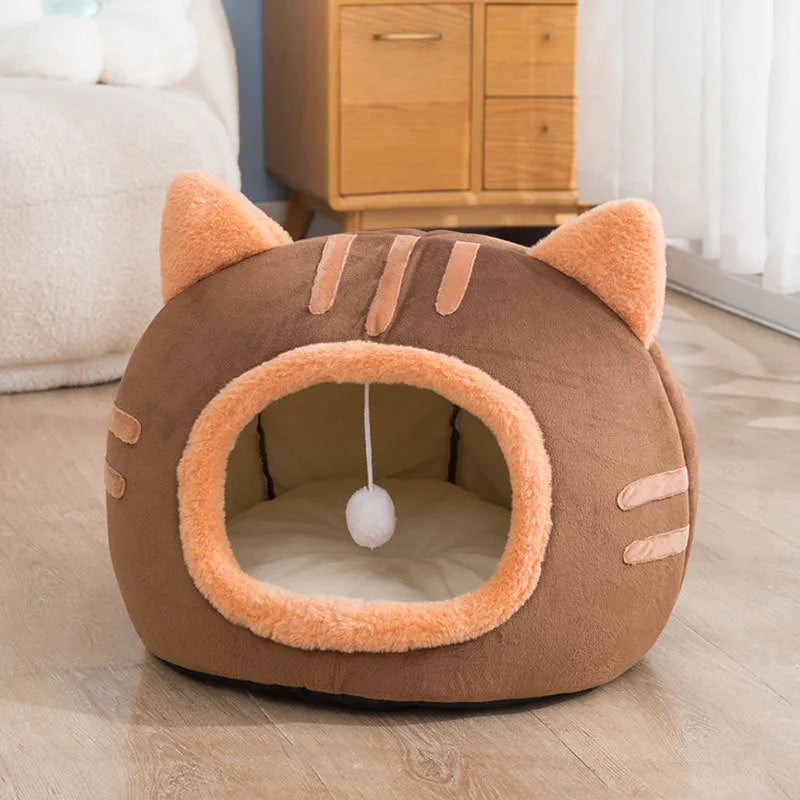 Semi-enclosed cat litter in crystal velvet and PP cotton, warm pet bed in pink, grey, or coffee, sizes S M L
