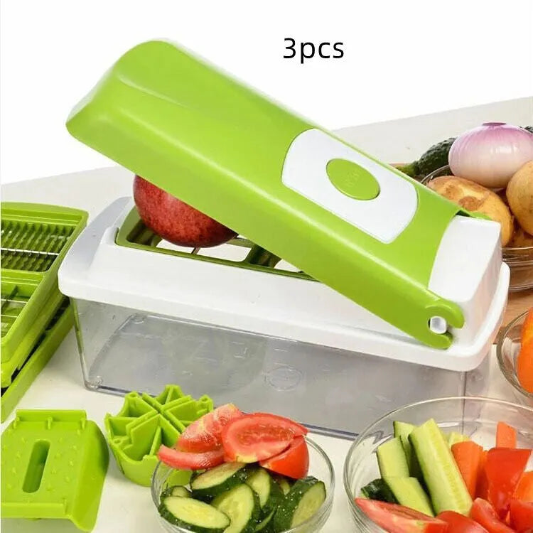 Green 12-piece manual vegetable chopper and food dicer set with stainless steel blades on a kitchen counter.