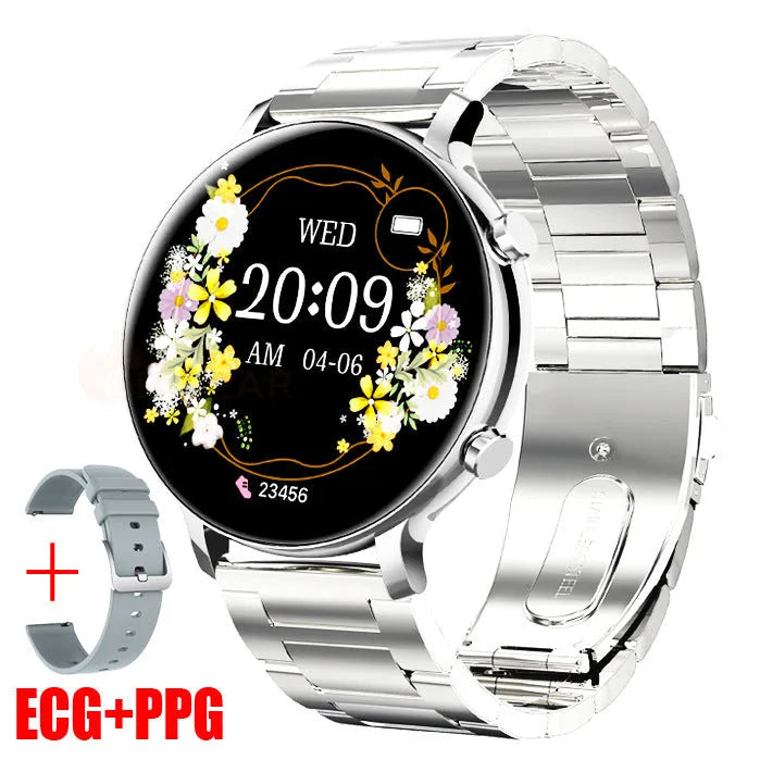 Bluetooth call smartwatch with stainless steel strap showing heart rate monitoring display