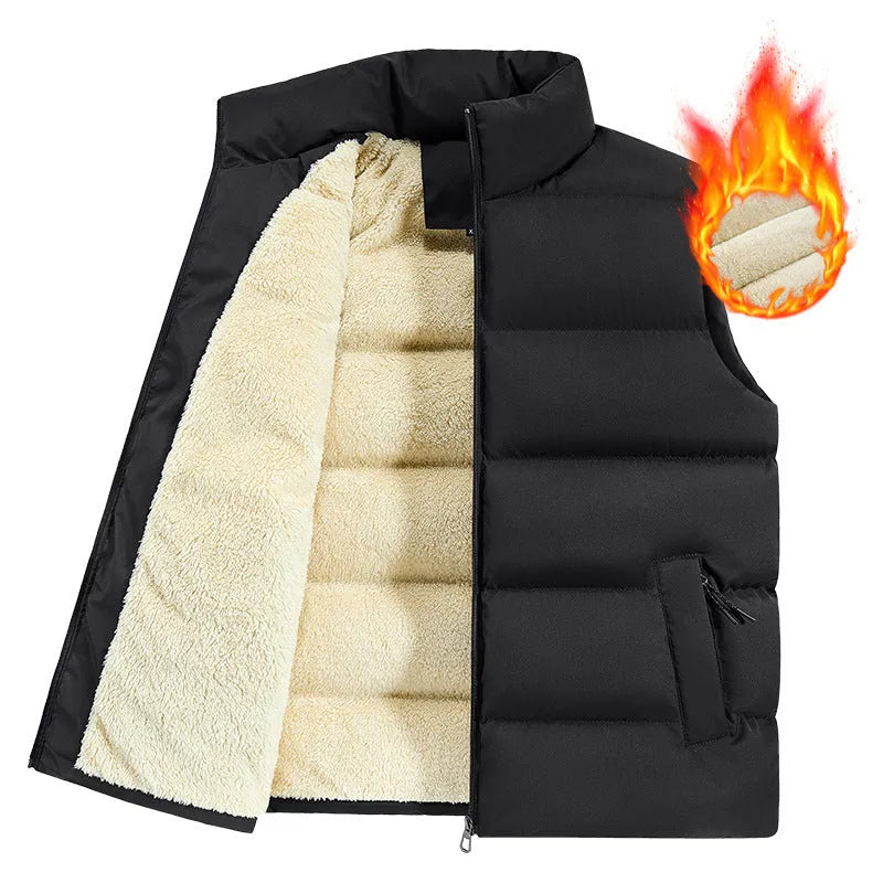 Men's striped lambswool vest in black, shown on a hanger for autumn and winter wear.