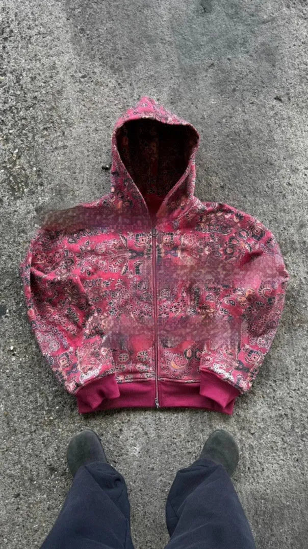 Blue loose zip hooded coat for men with digital printing design and hood