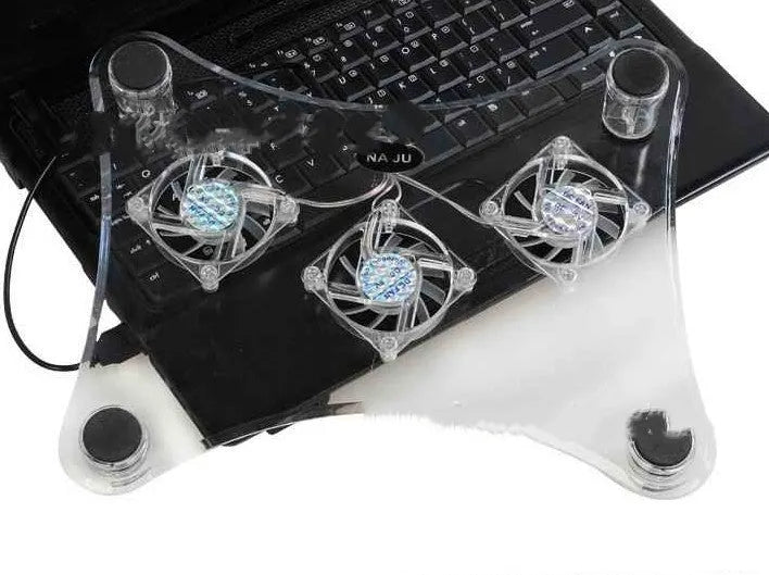 Transparent laptop cooling pad with three fans, 290mm x 160mm x 40mm inclined body and four rubber pads
