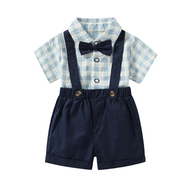 Children's blue plaid summer suit with short-sleeved blouse, suspender pants, and bow tie, sizes 80cm-110cm