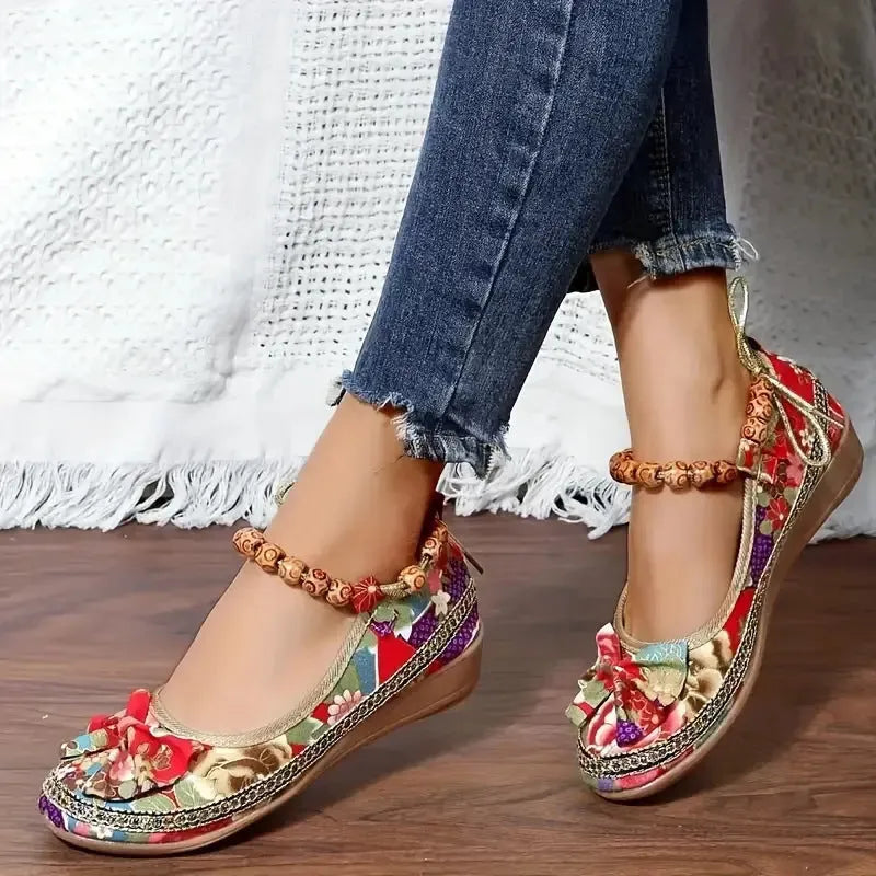 Women's plus size ethnic style platform sandals with elastic band closure and cloth upper