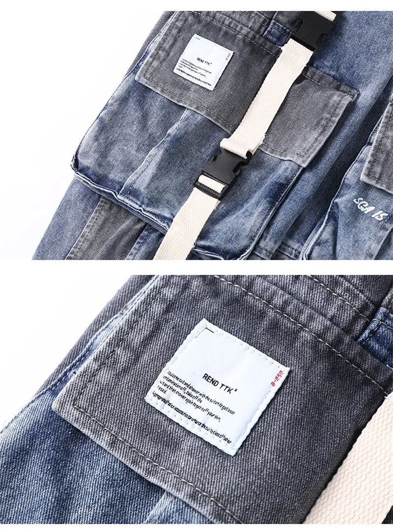 Men's loose hip-hop workwear jeans in gray blue, 99% polyester, size 2XL shown