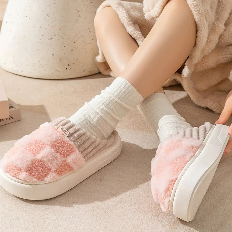 Women's coral velvet plush house slippers with non-slip sole in coffee, green, grey, pink, and white colours