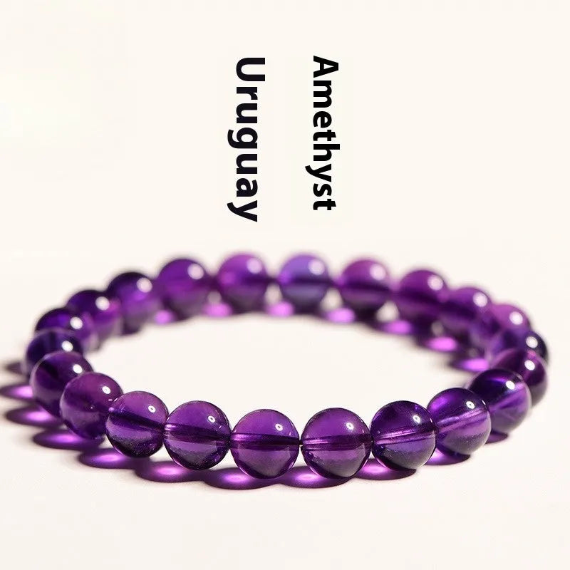 Polished natural Uruguay amethyst bracelet with scattered beads, showing different single circle and multi-ring models.