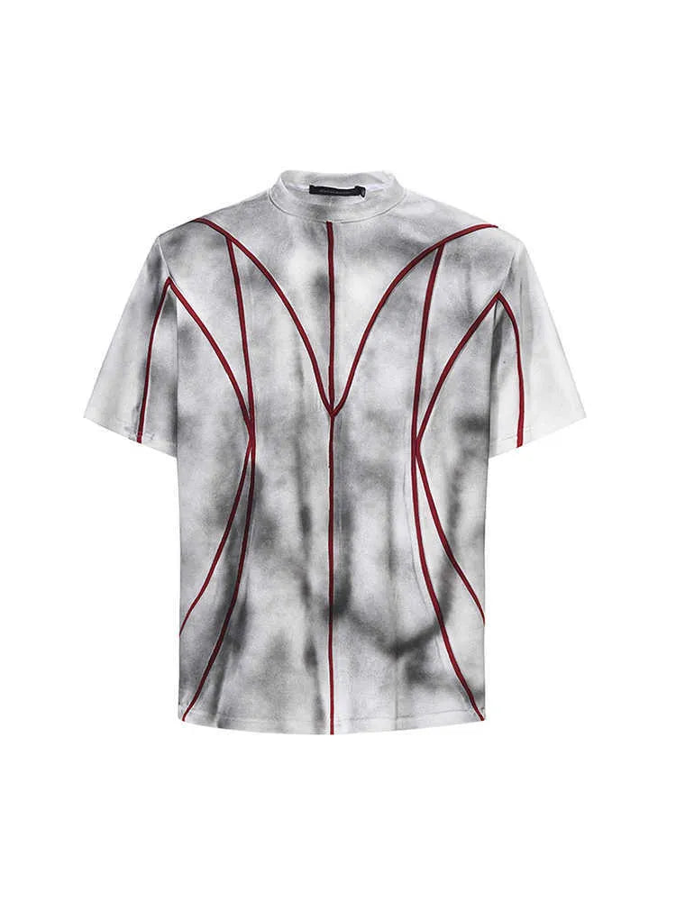 Padded shoulder short sleeve T-shirt with three-dimensional line patchwork round neck