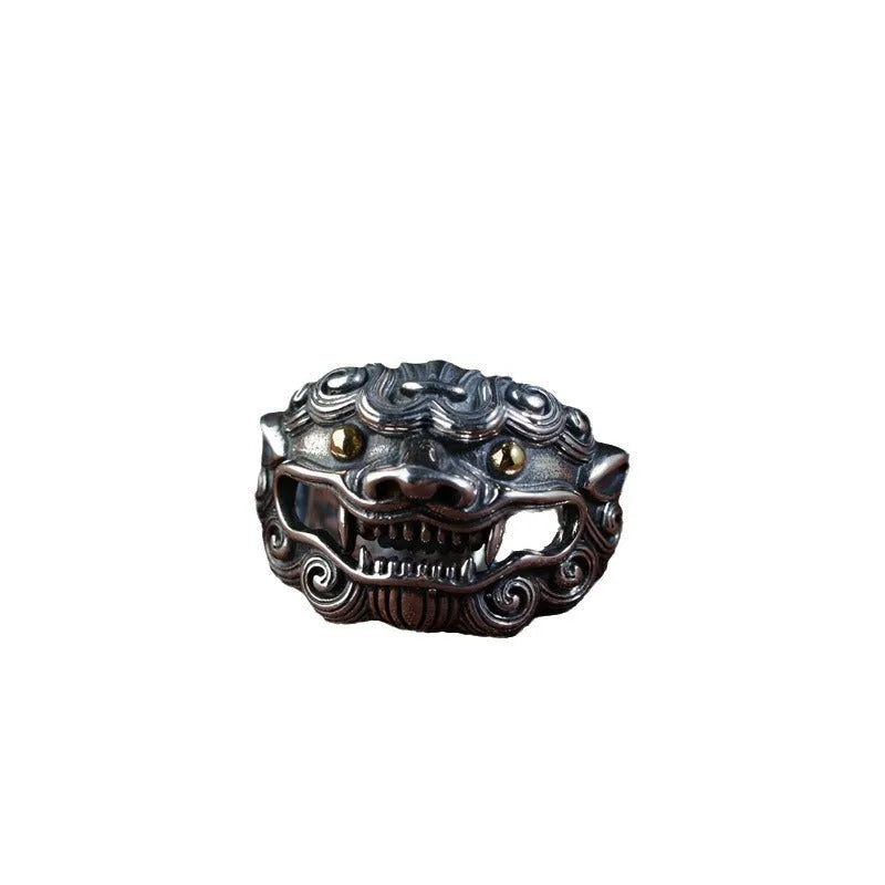Personalised Jibeast pattern silver open ring with zodiac animal engraving and adjustable band