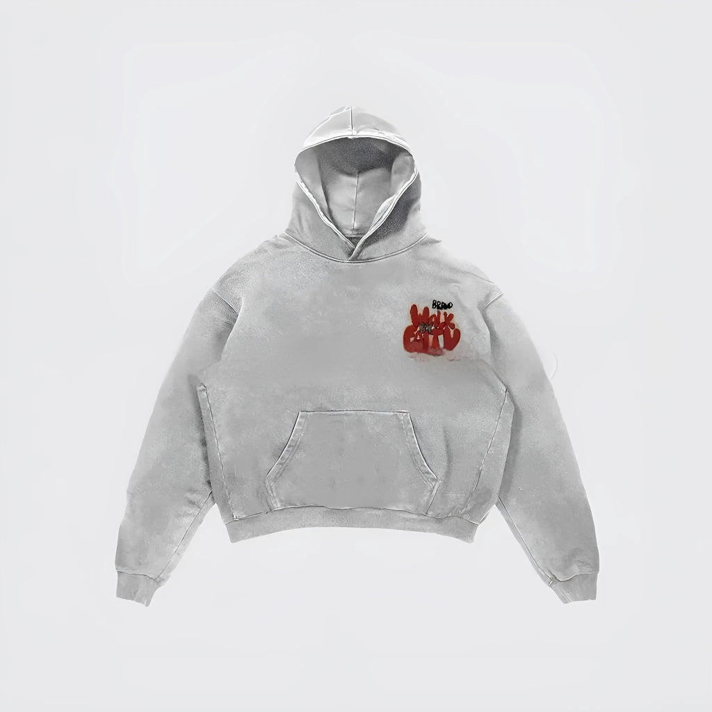 Women's grey hoodie with large black letter print on the front, long sleeves, and a pocket.