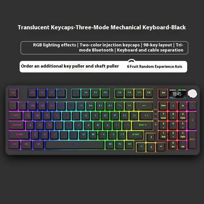 98 key wireless mechanical keyboard kit with display screen and metal control knob on desk