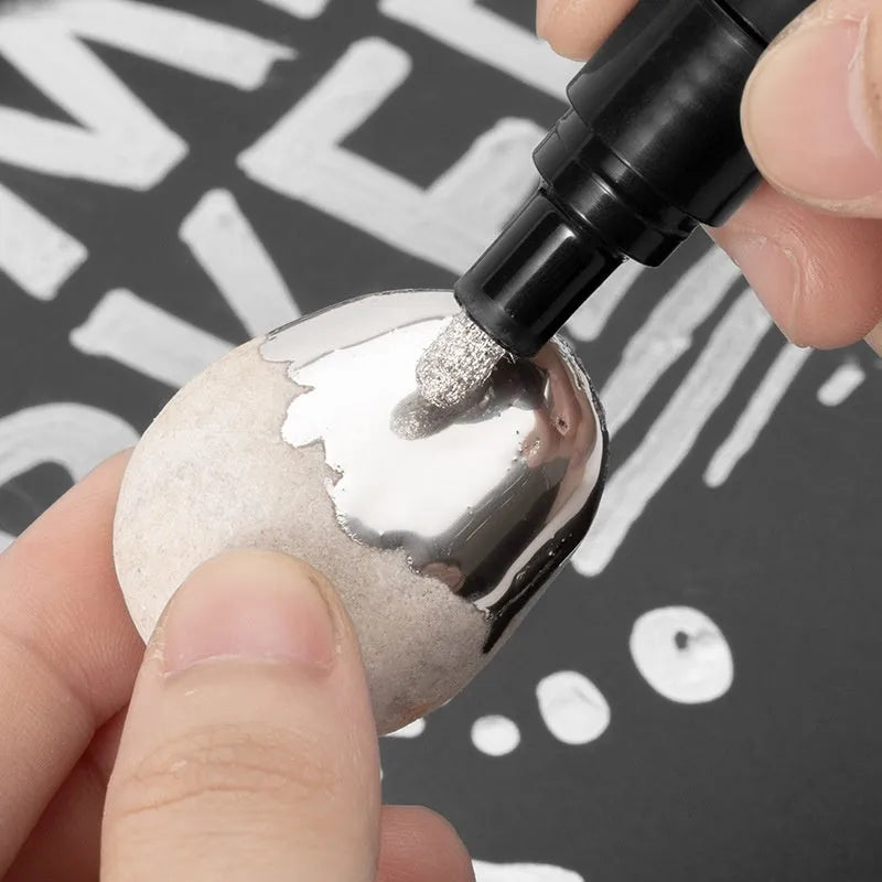 Waterproof mirror marker pen with plastic body, shown with 1mm and 2mm fine tip options.