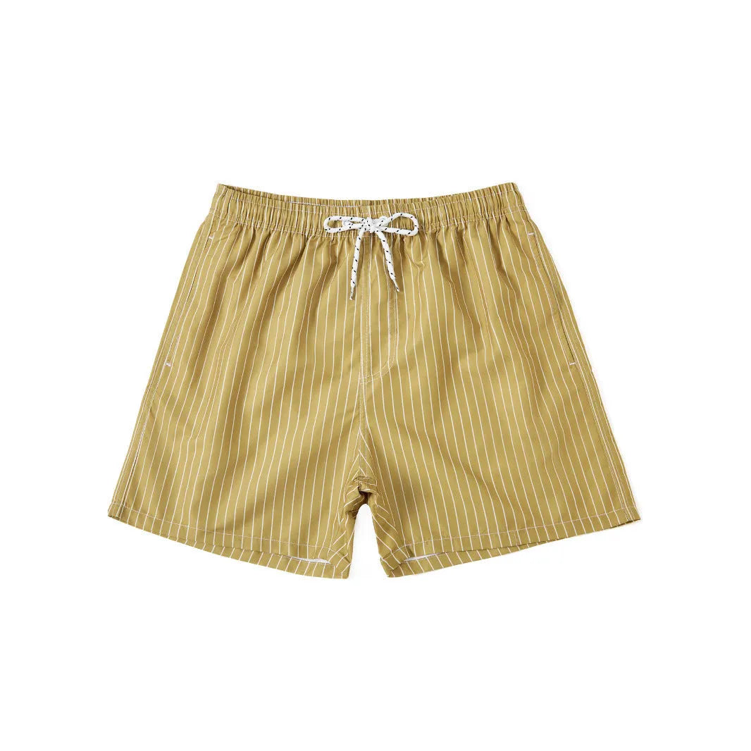 Striped polyester beach shorts in navy blue, shown with straight leg openings and triangle lining.