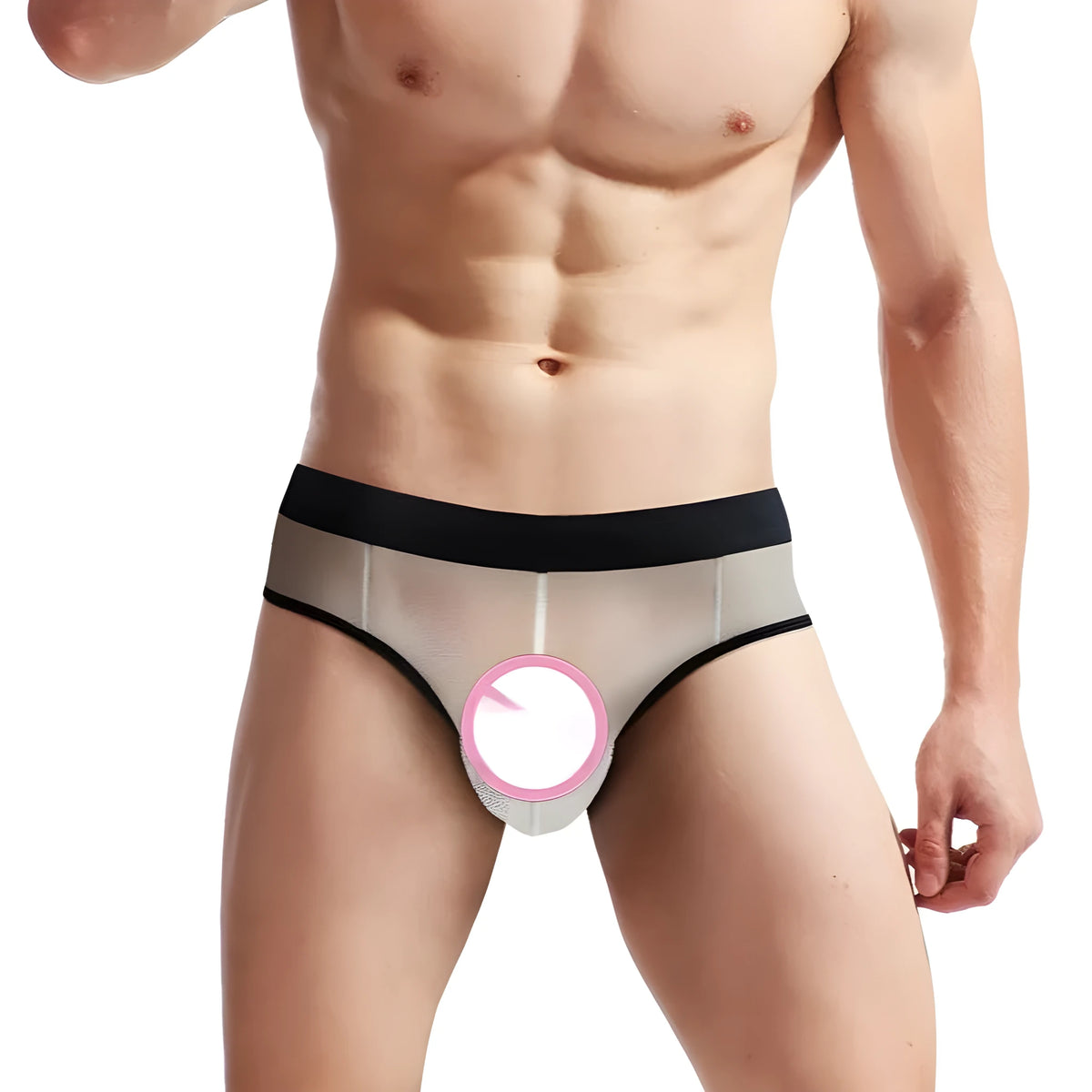 Men's mesh back triangle shorts in black or skin colour, nylon, free size with elastic waist.