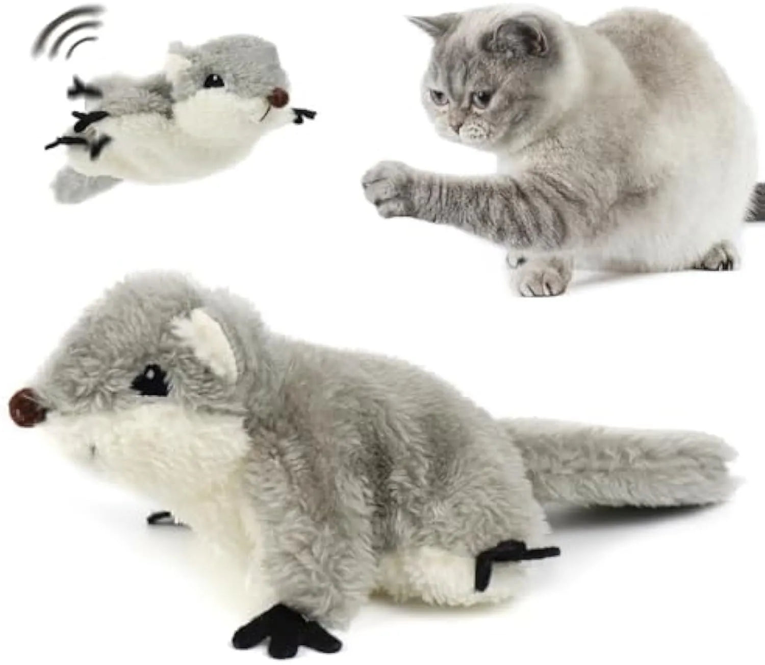 Gray squirrel cat kicker toy with flapping wings and USB charging port
