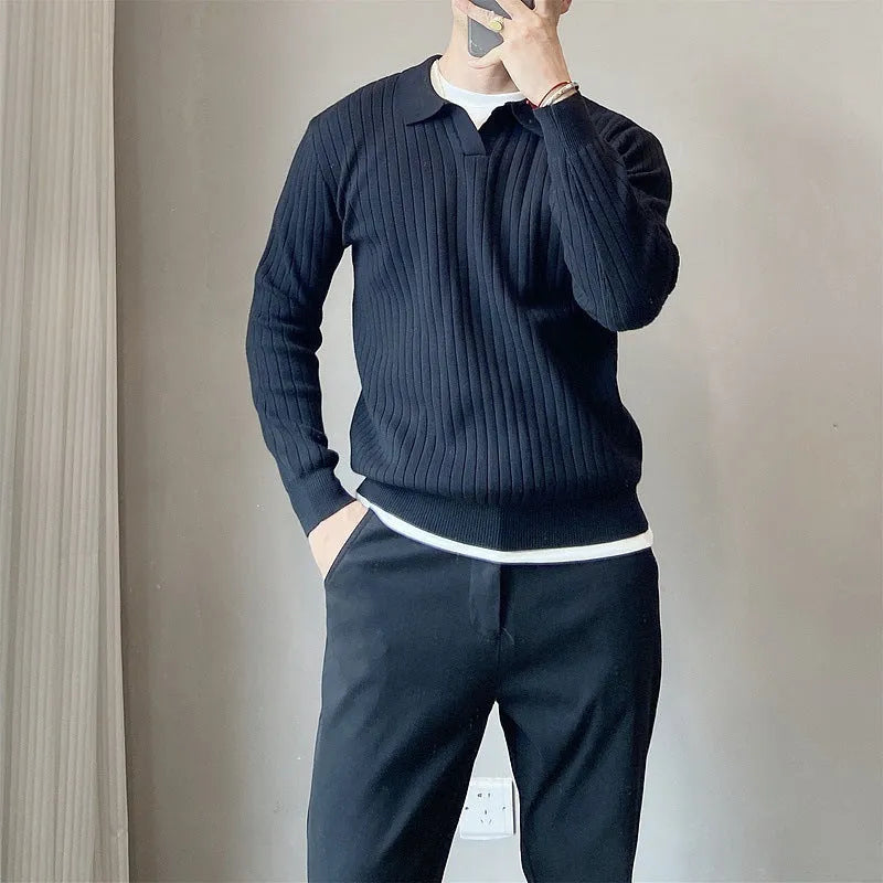 A boys' loose striped pullover sweater with a lapel collar, shown in a light grey colour.