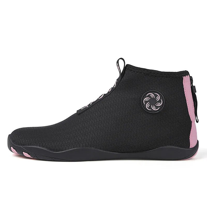 Black and fluorescent green mid-top beach shoes with mesh upper and rubber sole