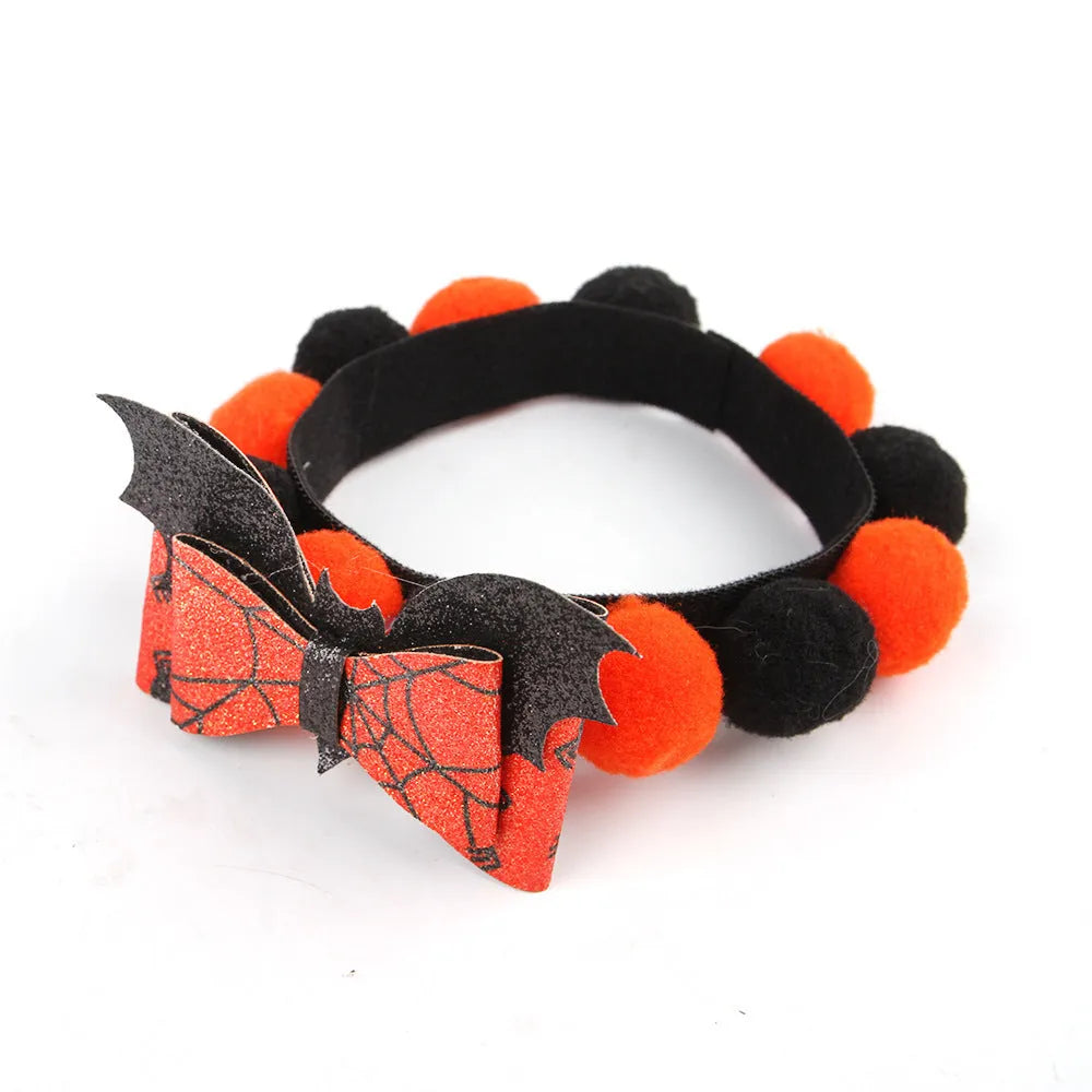 Halloween pet fur ball collar with detachable pumpkin accessory in six designs for dogs and cats