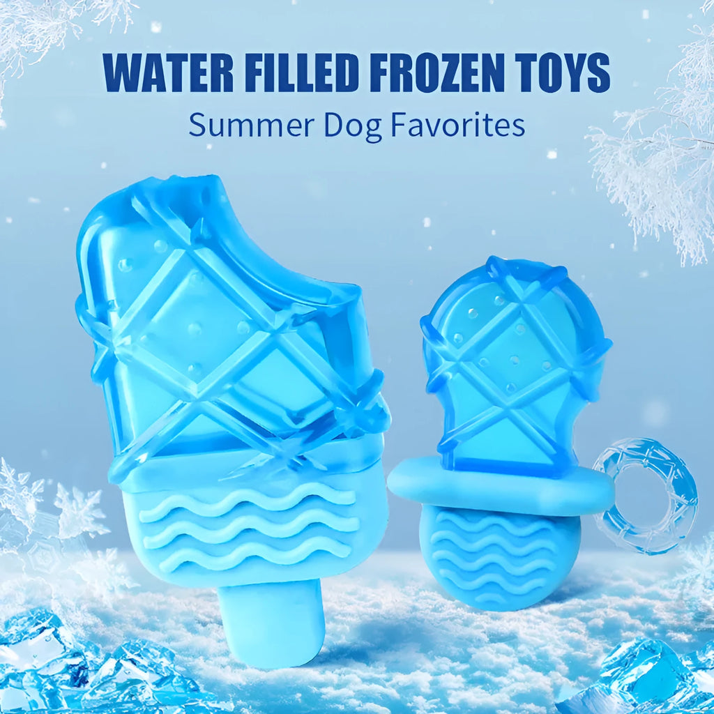 Set of three water-filled ice dog cooling toys including pacifier, popsicle mould, and ring shapes