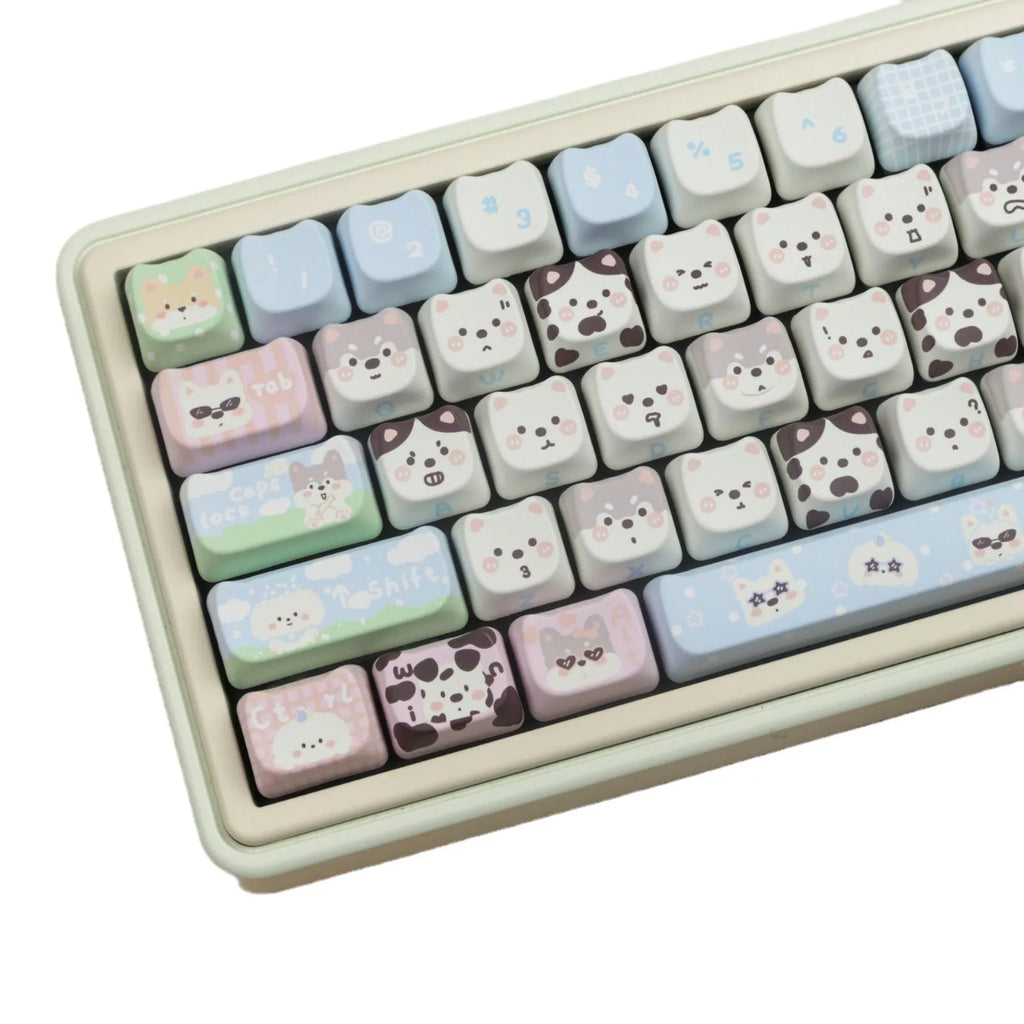 Full set of mechanical keyboard keycaps with detailed cat and puppy sublimation artwork on durable PBT plastic