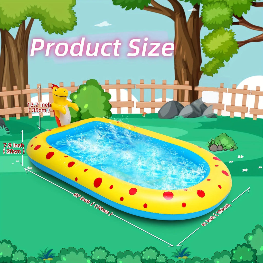 Blue dinosaur-shaped inflatable pool with shark design measuring 170cm long for kids' water play