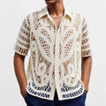 Men's hollow crochet short sleeve cardigan polo shirt in apricot acrylic knit for casual summer wear.