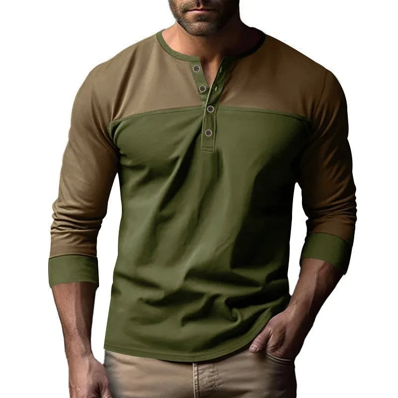 Men's solid colour Henry collar long sleeve casual shirt in beaded twill fabric