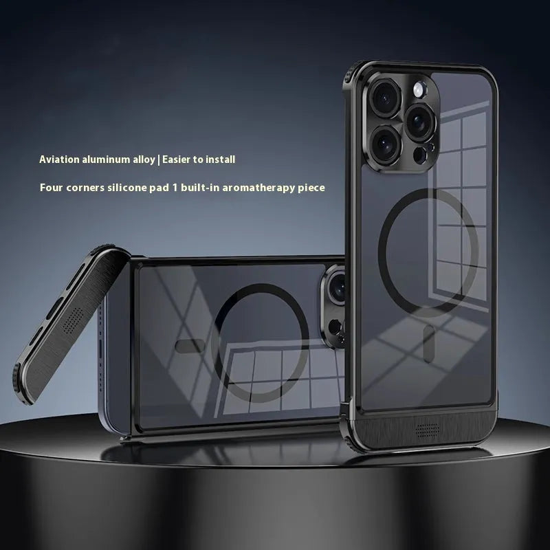 Metal frame iPhone case with built-in holder and magnetic ring, available in Black, Dark Purple, Sea Blue, and Silver.