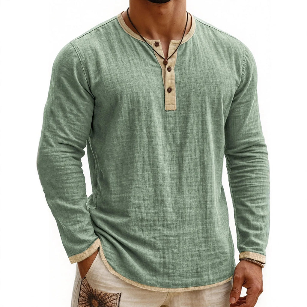 Men's digital printing two-tone 3-button Henley shirt, long sleeve, slim fit polyester casual top in youth style