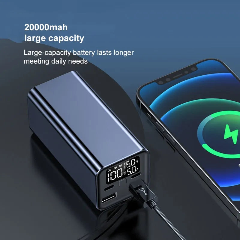 High power laptop charging bank with metal casing showing dimensions 47.5 x 104.5 x 47.5mm