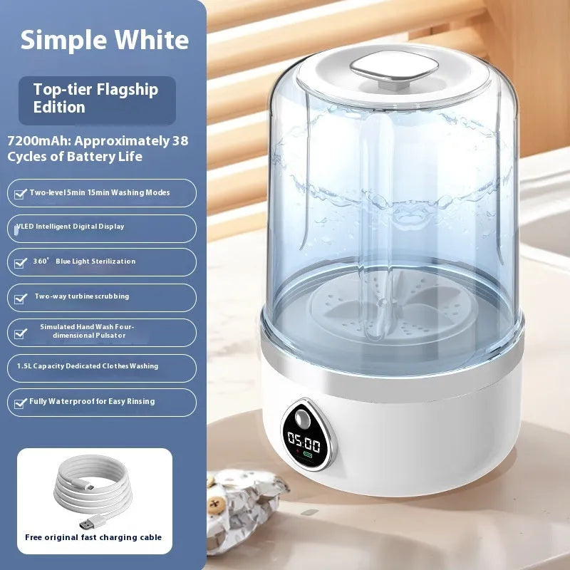 White portable USB-powered mini washing machine with plastic waterproof housing