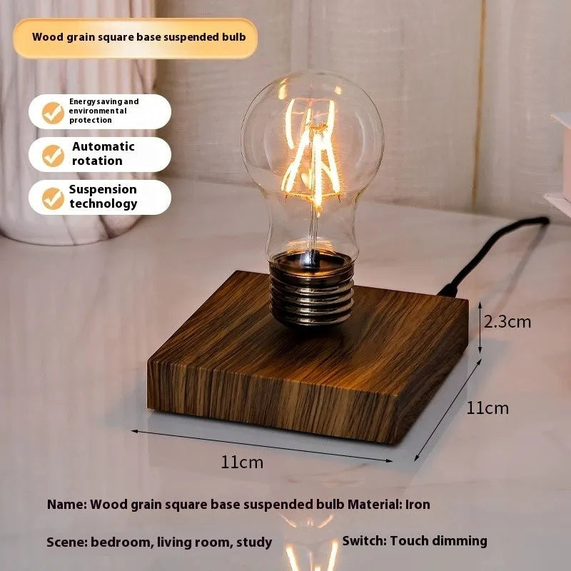 Creative suspension bulb night lamp with iron art construction on wood grain base