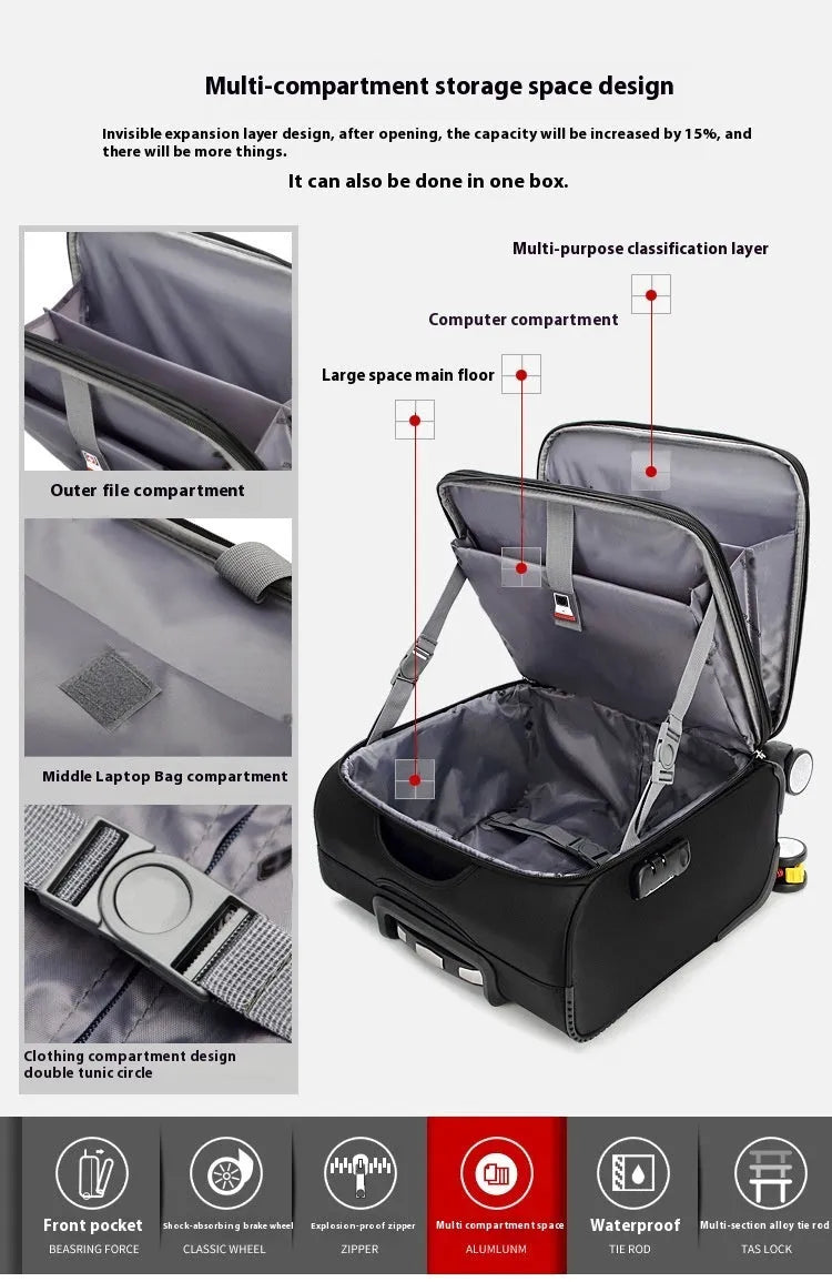 Black 18-inch Oxford cloth carry-on suitcase with universal wheels and retractable handle