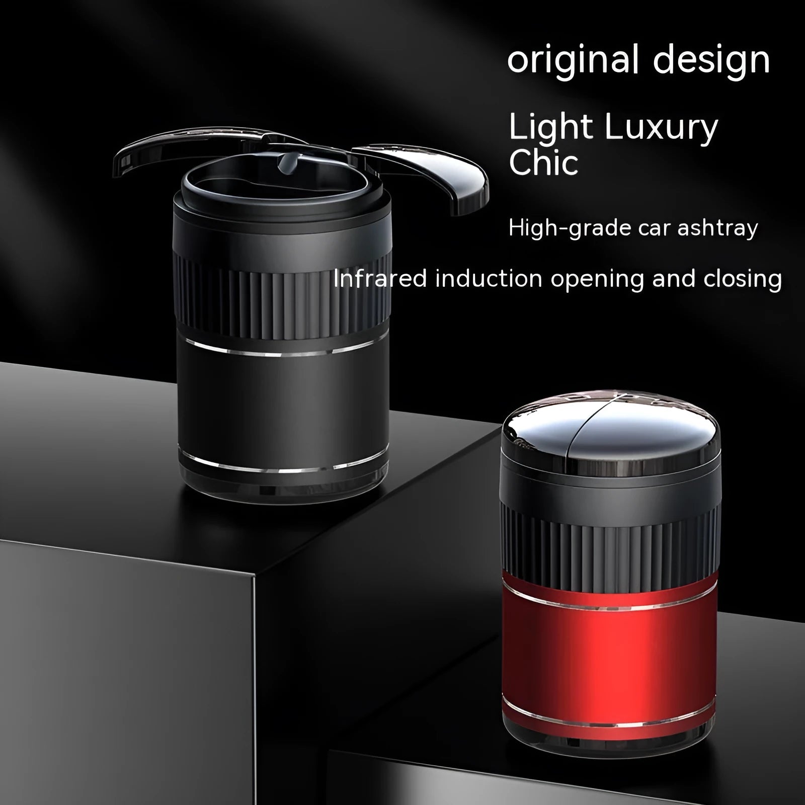 Compact metal smart car ashtray with lid in choice of colours for vehicle and home use.