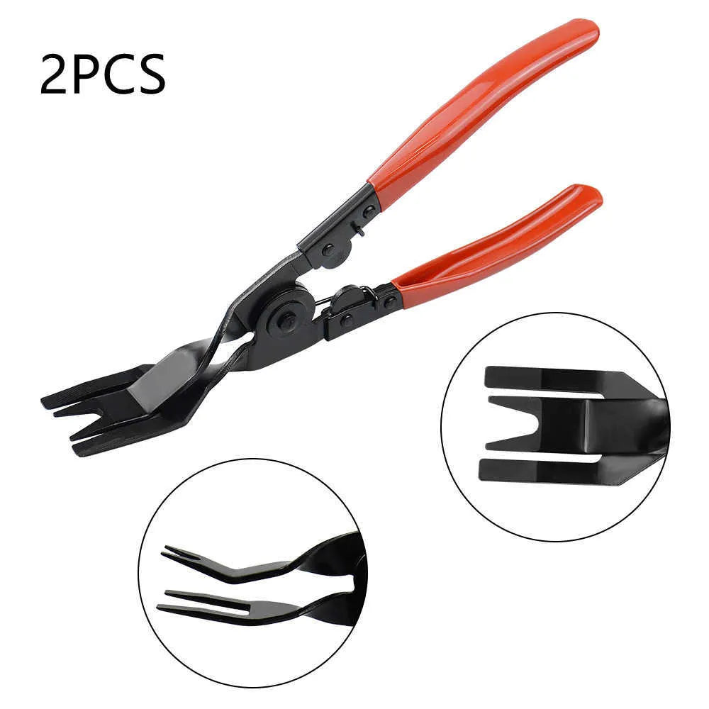 Red steel handle automotive door panel clip driver tool for General Motors vehicles