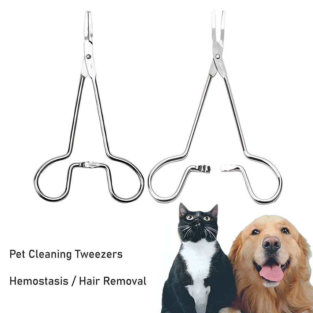 Silver stainless steel pet ear tweezers with curved tip and anti-slip handle on white background