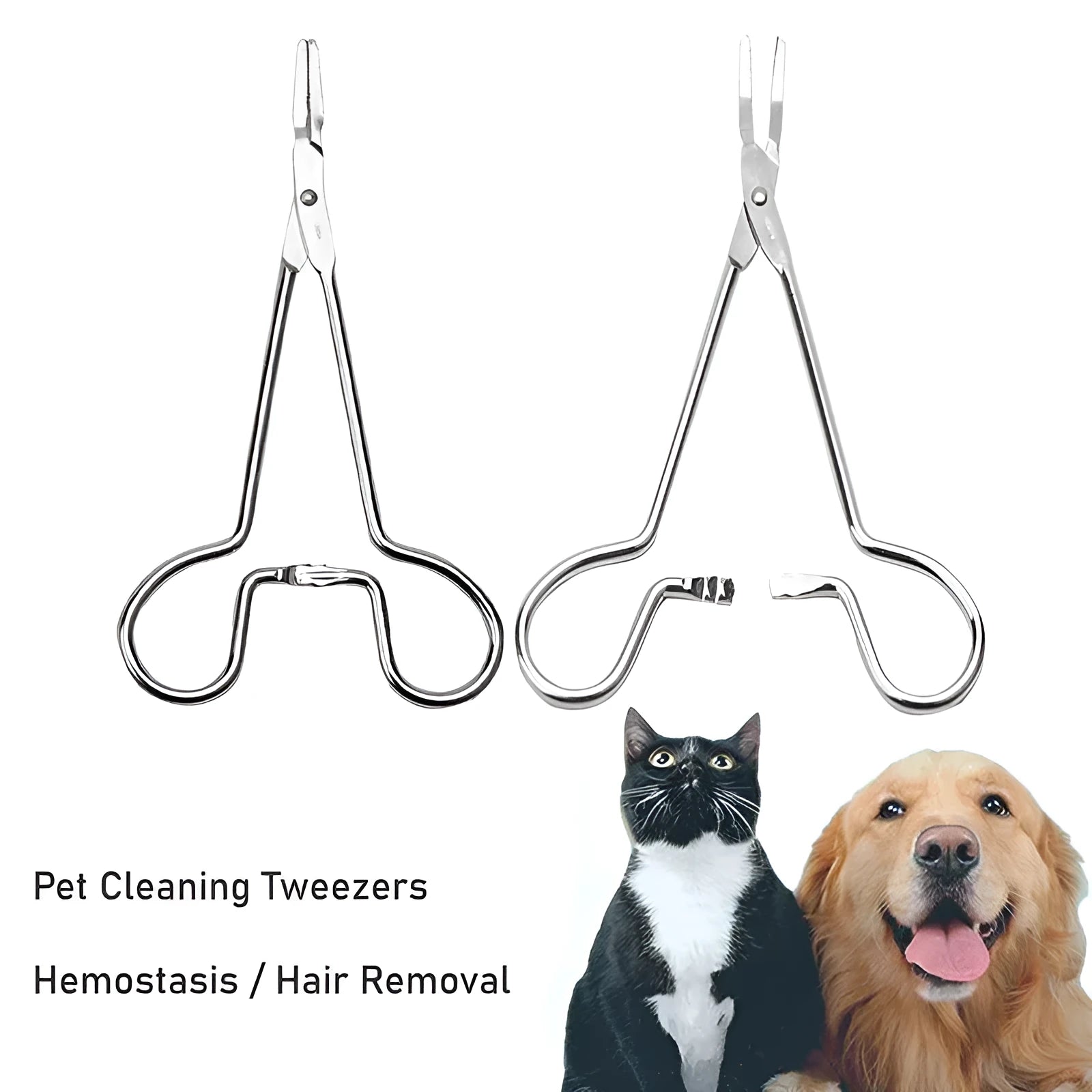 Silver stainless steel pet ear tweezers with curved tip and anti-slip handle on white background