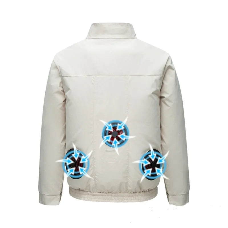 Smart cooling outdoor work jacket with integrated fan system in black or white with ventilation holes