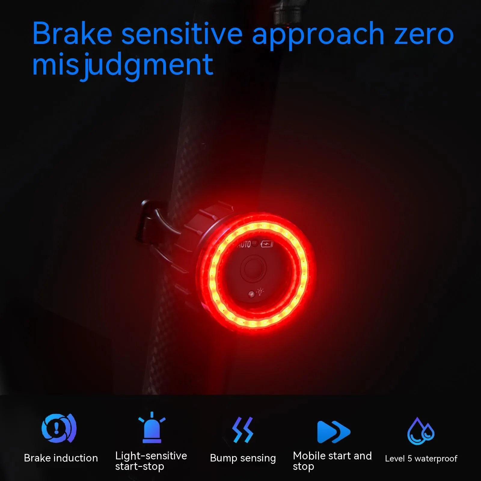 Black intelligent bicycle brake taillight with aluminum alloy frame and seat tube bracket.