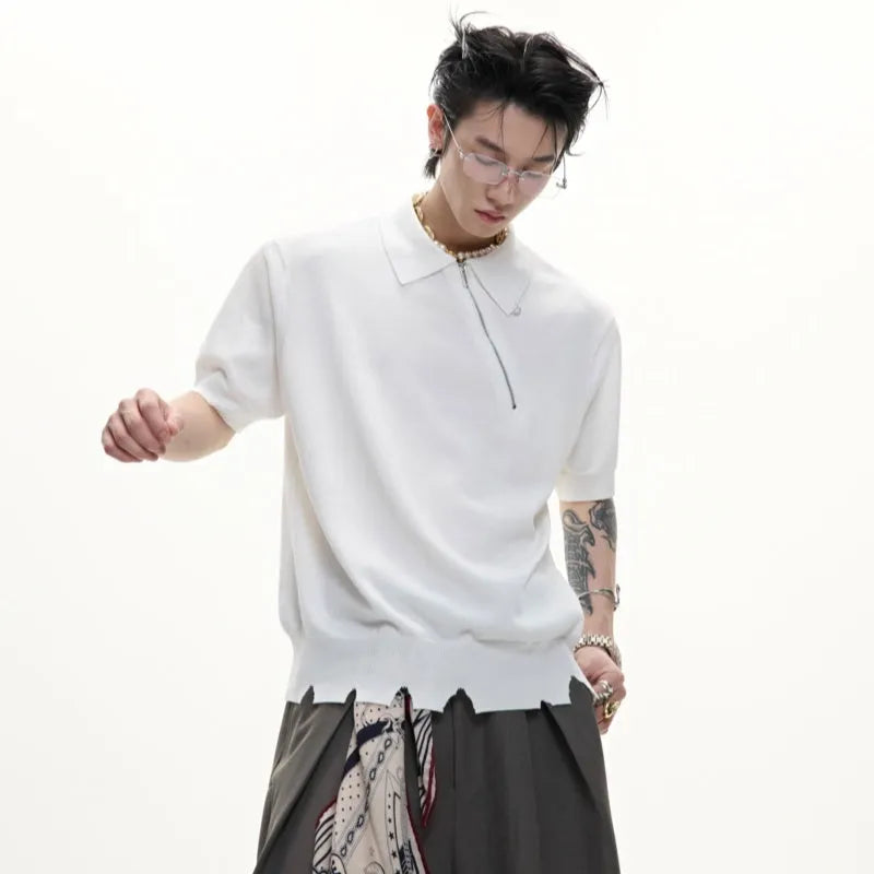 Ice-feeling slim-fit knitted polo shirt for men with an oblique zipper, short sleeves, and a lapel collar in solid colour.