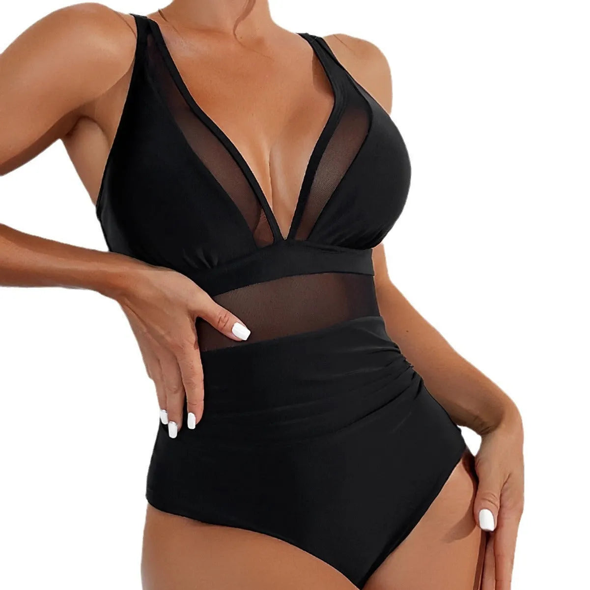 Black women's halter one-piece swimsuit with mesh detailing and sleeveless design