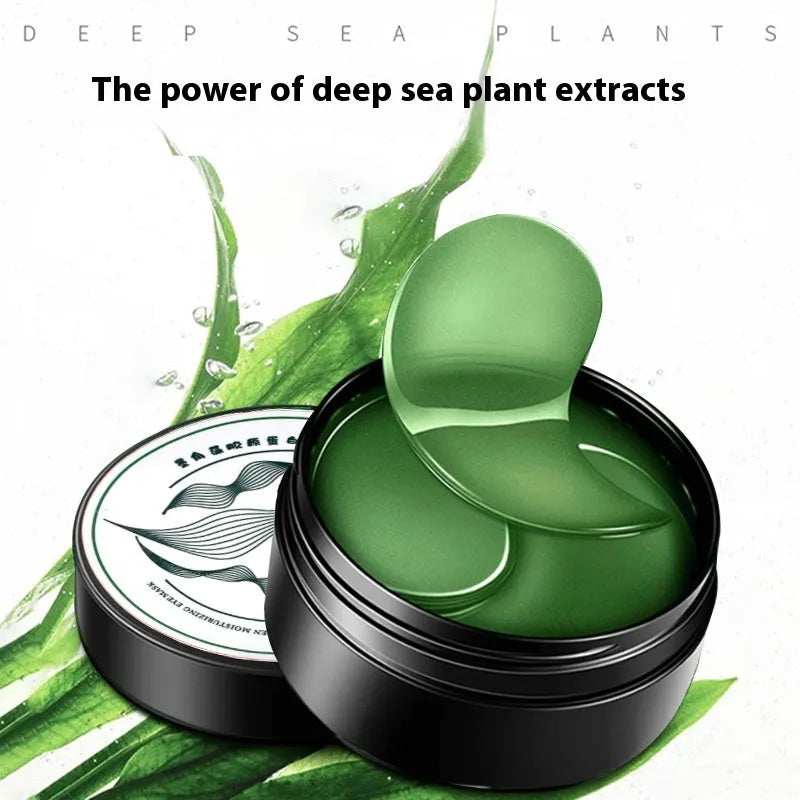 Pack of 60 green seaweed extract and hyaluronic acid collagen eye mask sheets.